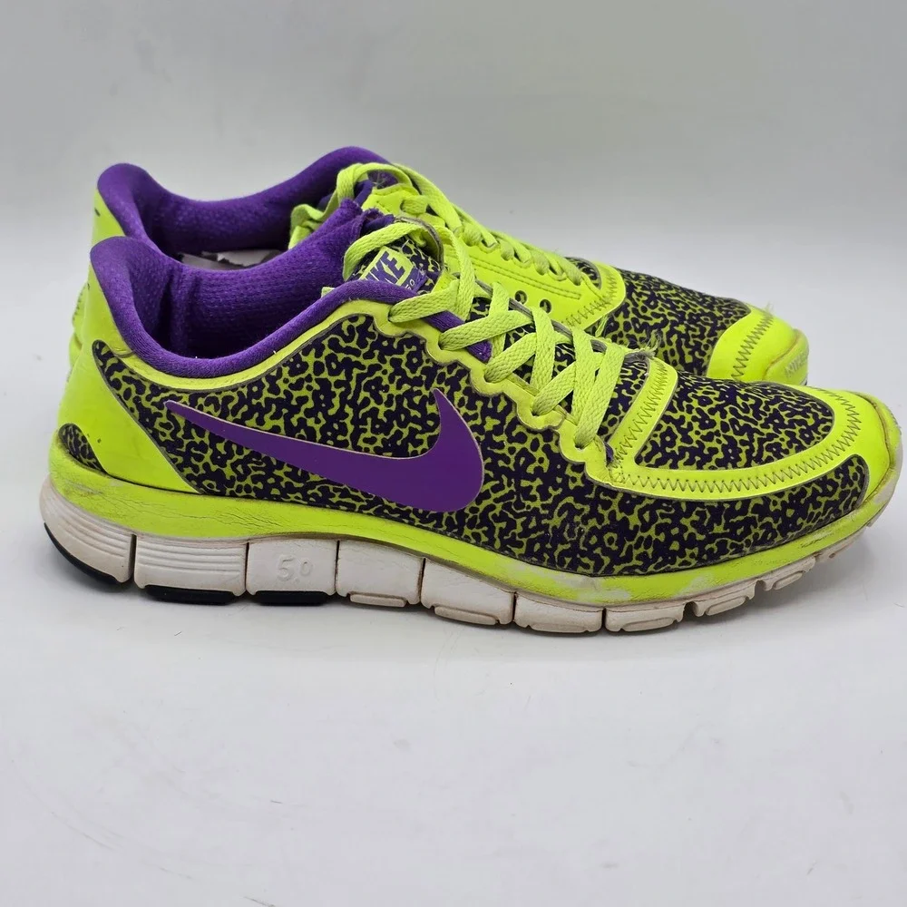 Nike Free 5.0 Running Shoes Mens 10 Volt Purple Safari Print 580590-708 Athletic